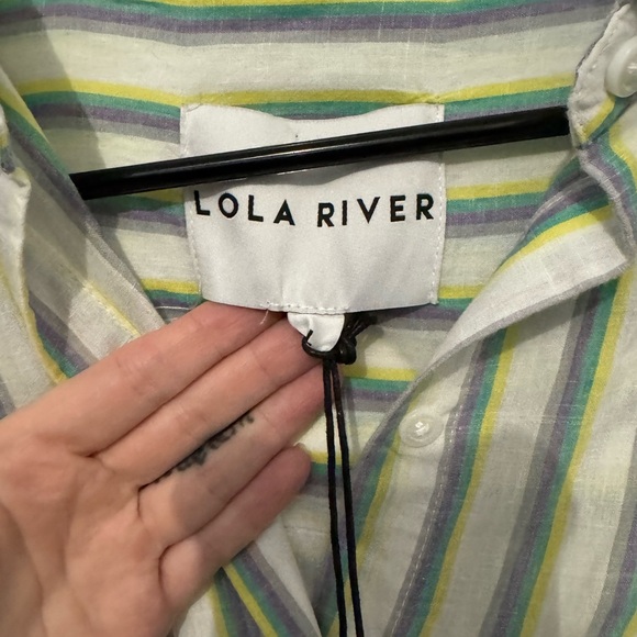 Lola & River Women's Classic Striped Button Down Shirt - Green and White - Picture 2 of 5